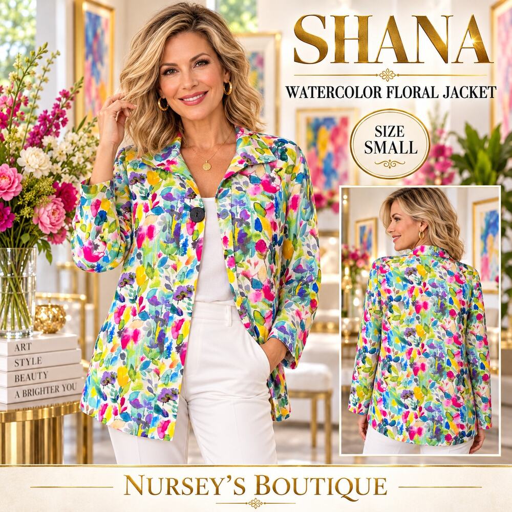 Shana Watercolor Floral Button Front Jacket Blouse Small Art to Wear